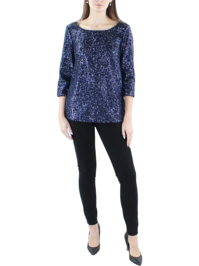 Shop Alex Evenings Womens Sequined 3/4 Sleeve Blouse In Blue