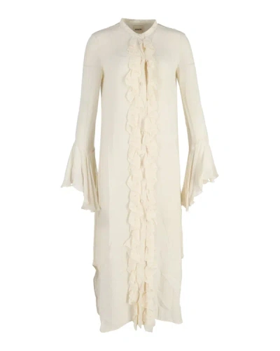 Shop Khaite Callen Fluted-sleeve Ruffled Dress In Ivory Silk In Beige