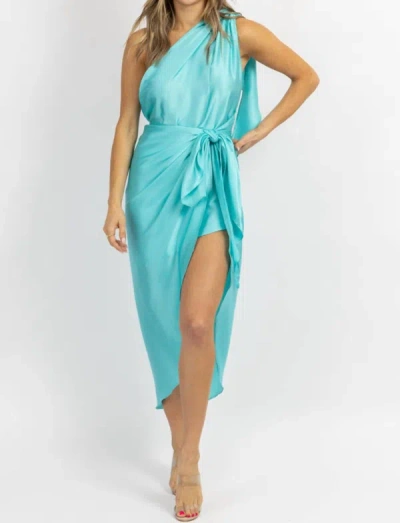 Shop Luxxel Satin One Shoulder Wrap Dress In Turquoise In Blue