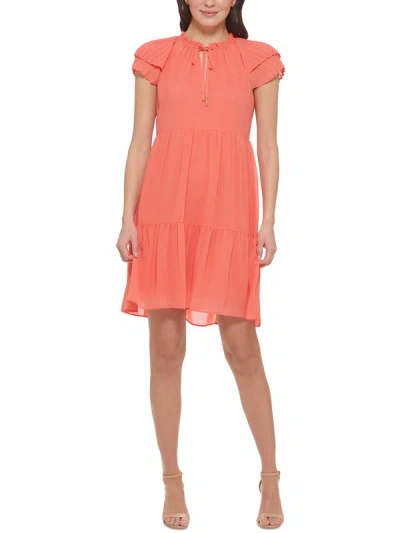 Shop Vince Camuto Petites Womens Pleated Tiered Fit & Flare Dress In Pink
