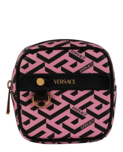 Shop Versace Coated Canvas Greca Pouch In Pink