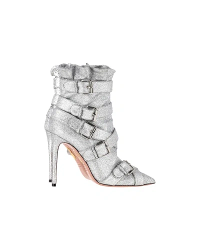 Shop Aquazzura Glitter Buckled Heeled Ankle Boots In Silver Canvas