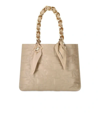 Shop Elisabetta Franchi Beige Shopping Bag With Chain Foulard Scarf