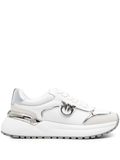 Shop Pinko Sneakers With Logo In Bianco E Argento