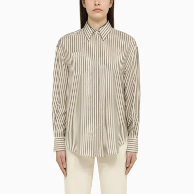 Shop Brunello Cucinelli | White/beige/lignite Striped Silk Shirt In Grey