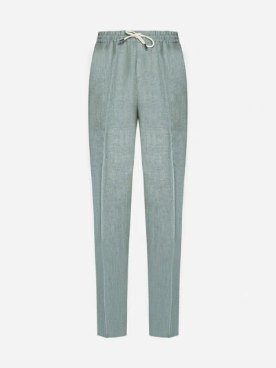Shop Etro Linen Trousers In Mid Green