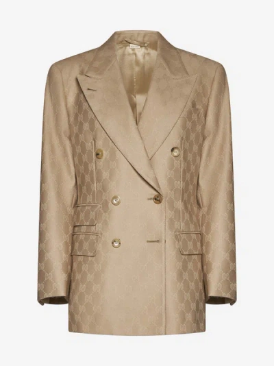 Gucci Gg-jacquard Double-breasted Blazer In Camel