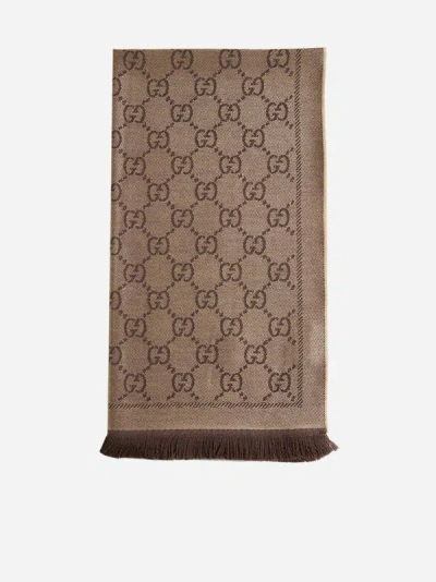 Shop Gucci Gg Jacquard Wool Scarf In Beige,brown
