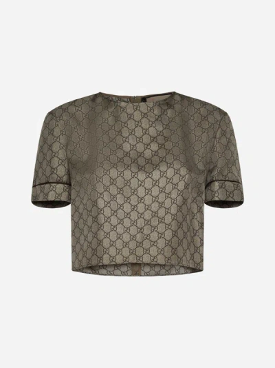 Shop Gucci Gg Print Silk Cropped T-shirt In Camel,ebony