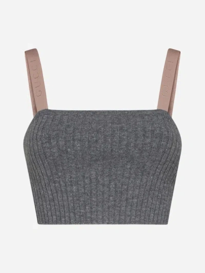 Shop Gucci Ribbed Wool-blend Cropped Top In Grey Melange