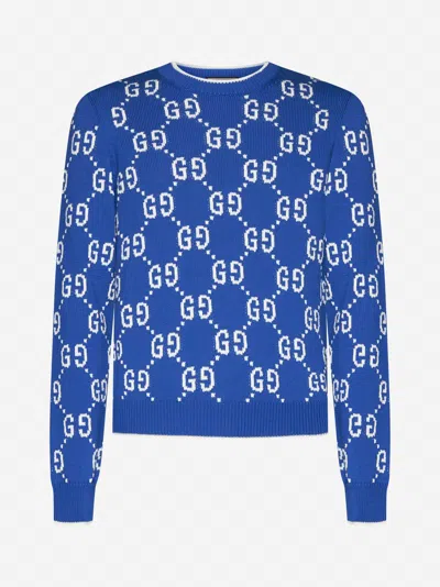 Shop Gucci Gg Cotton Sweater In Cobalt,ivory