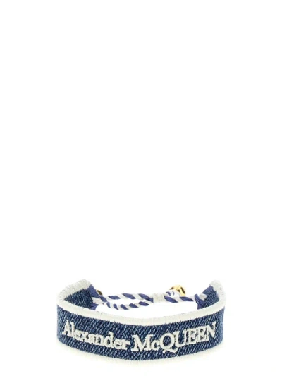 Shop Alexander Mcqueen Logo Embroidery Denim Bracelet In Blue