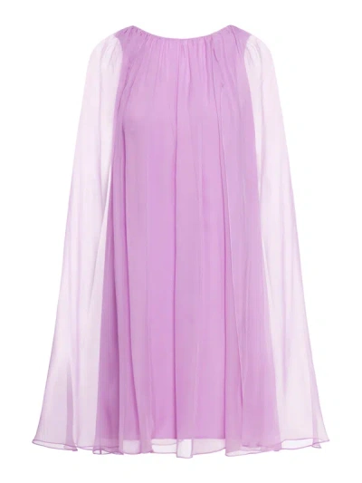 Shop Maxmara Pianoforte Flared Dress In Silk Chiffon In Pink & Purple