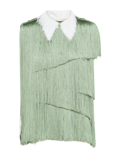 Shop Prada Organza Top With Fringes In Green