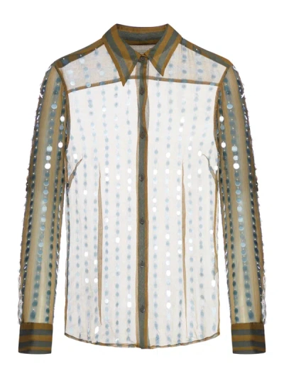 Shop Dries Van Noten Silk Shirt Printed With Two-tone Stripes In Green