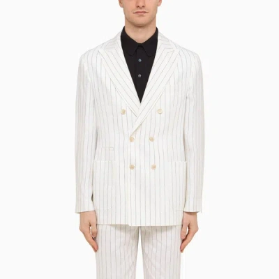 Shop Brunello Cucinelli White Linen Pinstripe Double-breasted Jacket
