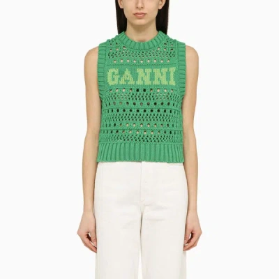 Shop Ganni Blend Waistcoat With Logo In Green