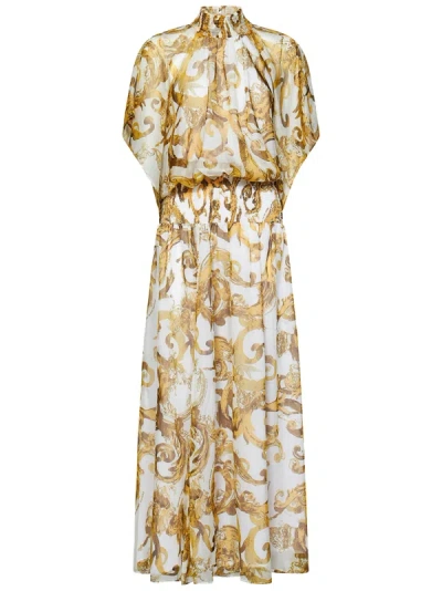 Shop Versace Jeans Couture Watercolour Baroque Long Dress In Bianco