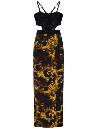 Shop Versace Jeans Couture Watercolour Couture Midi Dress In Nero