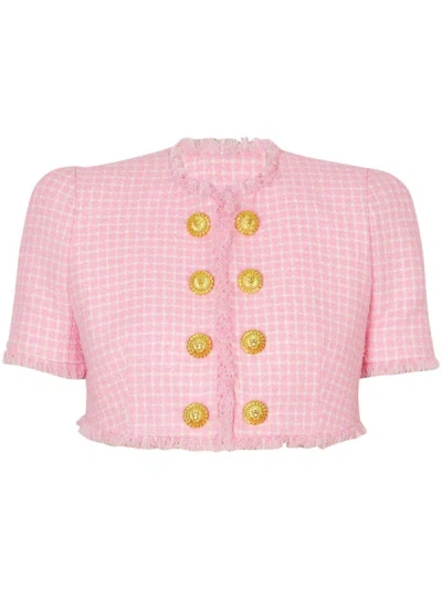 Shop Balmain Checkered Crop Jacket In Pink & Purple