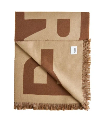Shop Burberry Logo Wool Scarf In Birch Brown