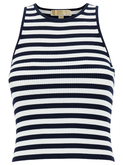 Shop Michael Kors Blue And White Tank Top With Stripe Motif In Recycled Viscose Blend Woman In Midnightblue