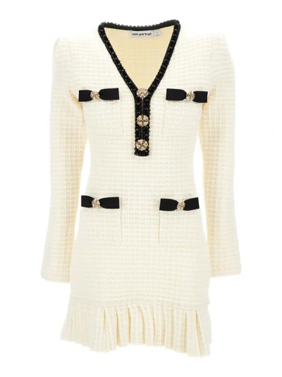 Shop Self-portrait Mini White Dress With Jewel Buttons And Beads In Tweed Woman