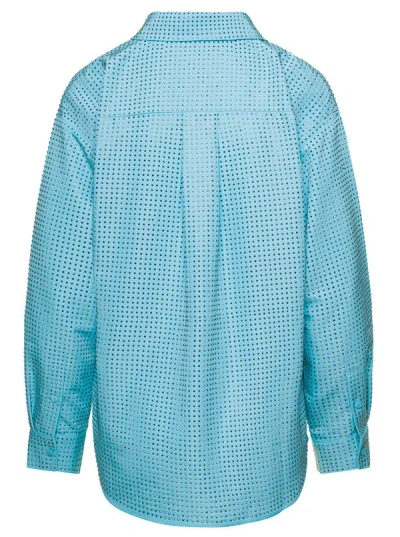 Shop Self-portrait Shirt With All-over Crystal Embellishment In Light Blue Technical Fabric Woman