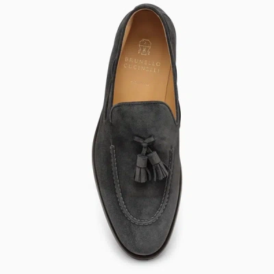 Shop Brunello Cucinelli Grey Suede Moccasin With Tassels In Black