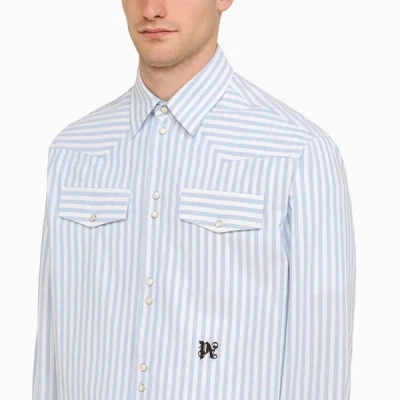 Shop Palm Angels Blue And Striped Sleeve Shirt In White