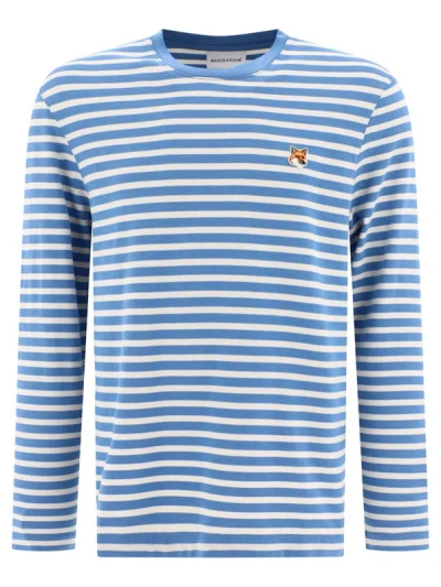 Shop Maison Kitsuné "fox Head" Striped T-shirt In Blue