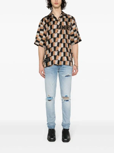 Shop Amiri Men Snake Checker Bowling Shirt In Brown