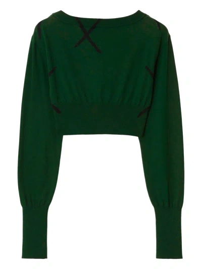 Shop Burberry Women Cropped Check Knit Long Sleeve Top In Ivy