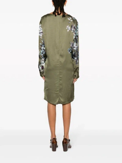 Shop Dries Van Noten Women Duzco Viscose Satin Printed With Hyrangea Bouquets Dress In Khaki