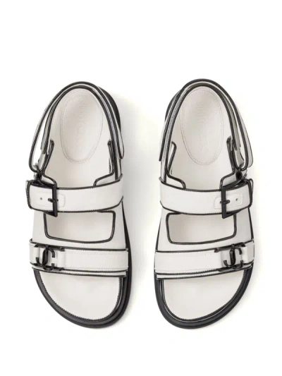 Shop Jimmy Choo Women Linen/soft Patent W/jc Hardware Sandals In Latte/black/black