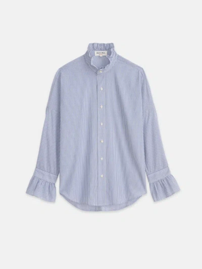 Shop Alex Mill Blake Ruffle Shirt In Striped Cotton Voile In Navy/white