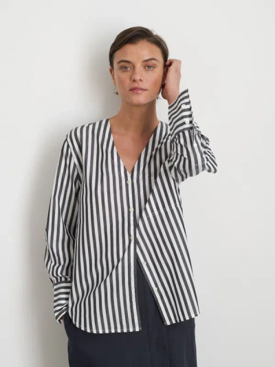 Shop Alex Mill Crosby V-neck Shirt In Striped Cotton Poplin In Charcoal/white