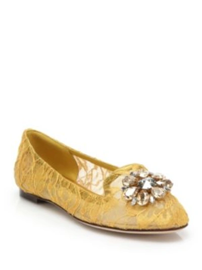 Shop Dolce & Gabbana Embellished Lace Loafers In Mustard