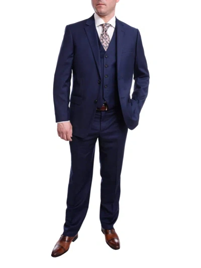 Pre-owned Raphael Mens  Classic Fit Solid Navy Blue 2 Button 3 Piece Wool Touch Vested Suit