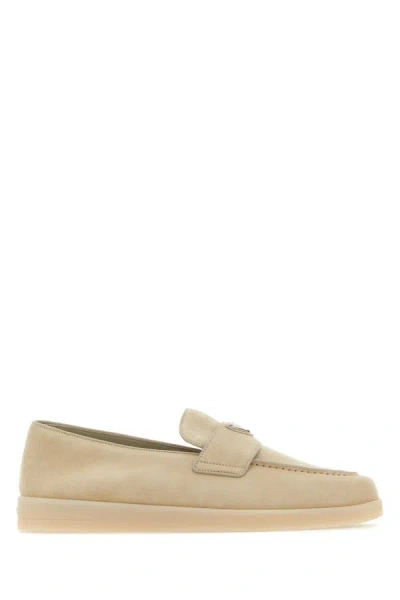 Shop Prada Man Sand Suede Loafers In White