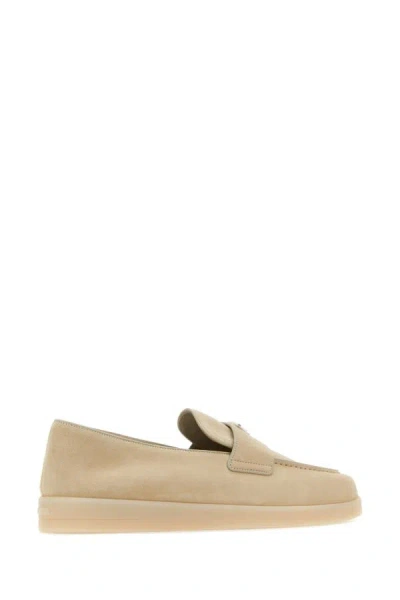 Shop Prada Man Sand Suede Loafers In White