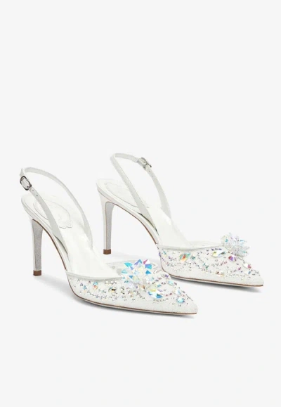 René Caovilla Cinderella 80 Crystal Flower Slingback Pumps In White