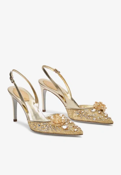 René Caovilla Cinderella 80 Crystal Flower Slingback Pumps In Gold