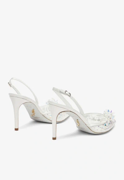 René Caovilla Cinderella 80 Crystal Flower Slingback Pumps In White