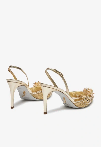 René Caovilla Cinderella 80 Crystal Flower Slingback Pumps In Gold
