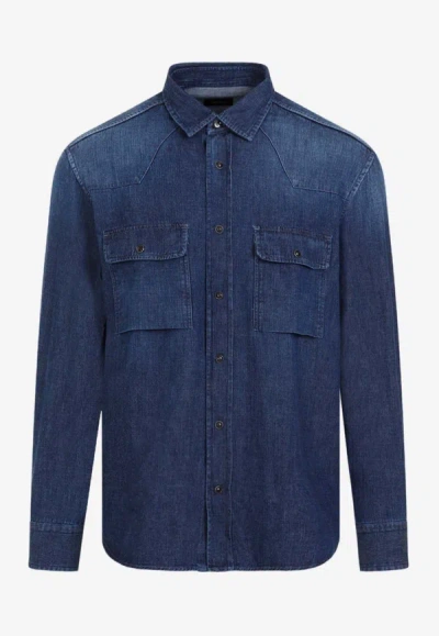 Shop Brioni Denim Western Shirt In Blue