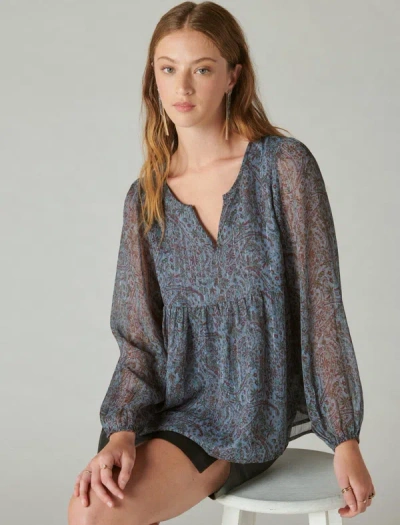 Shop Lucky Brand Women's Open Neck Printed Peasant Top In Blue