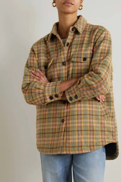 Shop The Great The State Park Shirt Jacket In Army & Peach Plaid In Multi