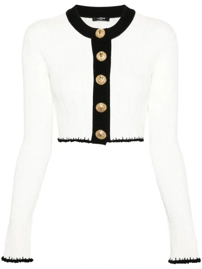 Shop Balmain Cardigan With Contrasting Crop Edges In White