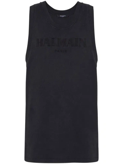 Shop Balmain Top With Embroidery In Grey